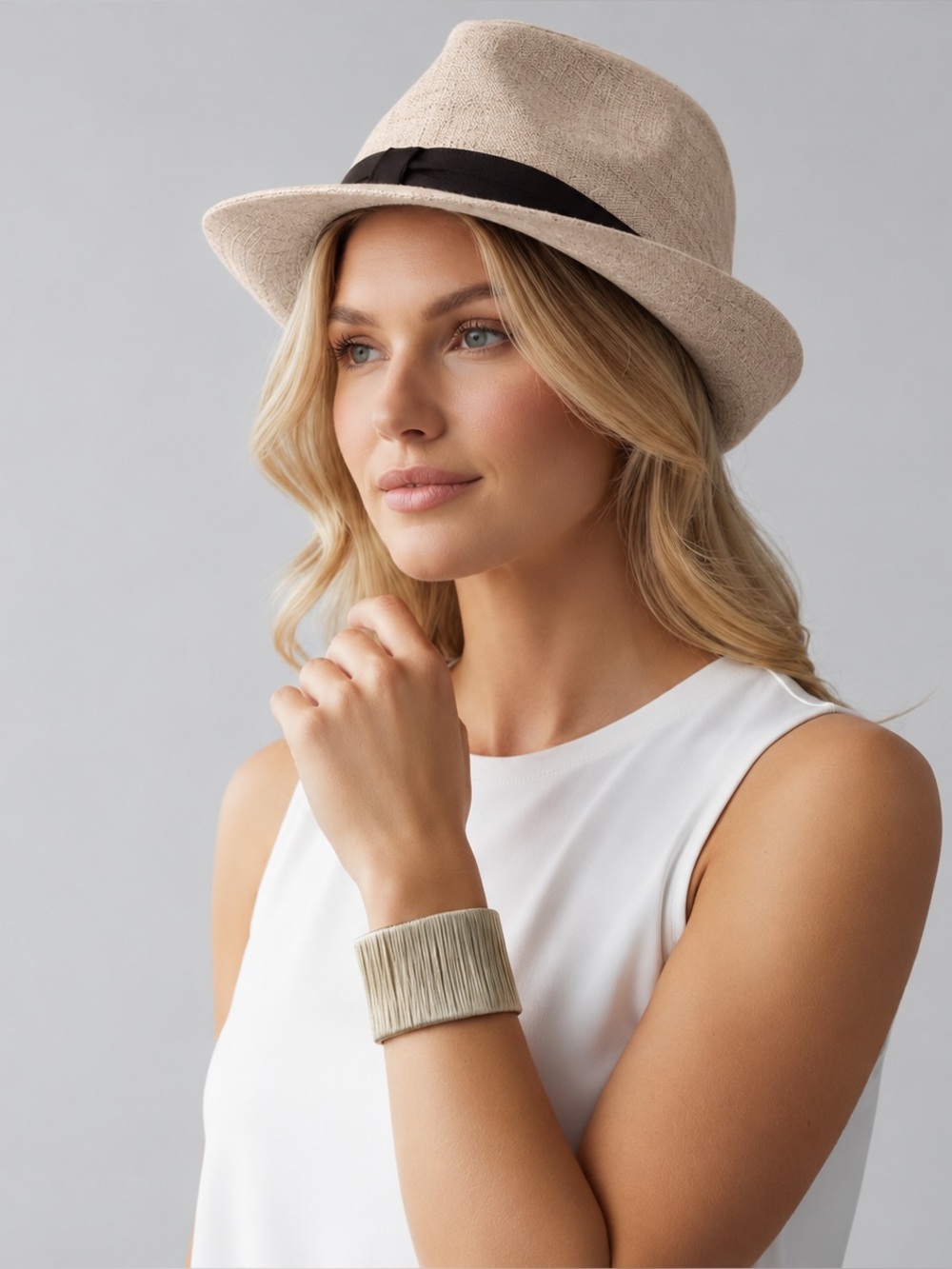 Kooringal Beige Linen Look Fedora Hat Black Band 57cm